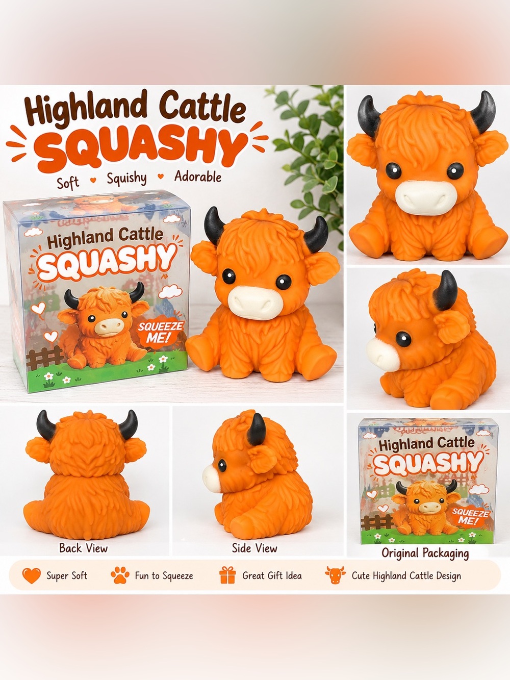 Highland Cattle Squashy Plush Toy - Orange